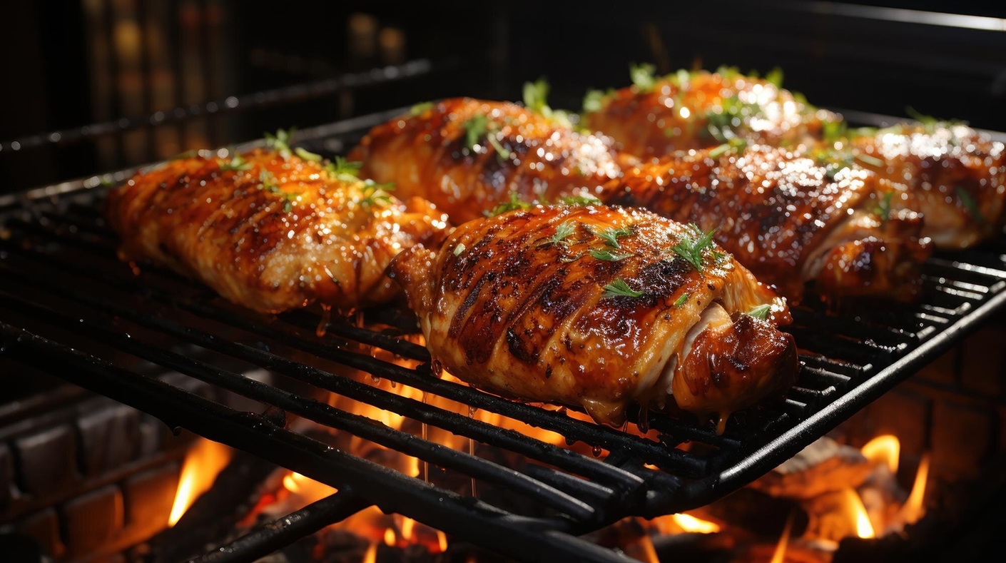 Rotisserie chicken roasting on a grill